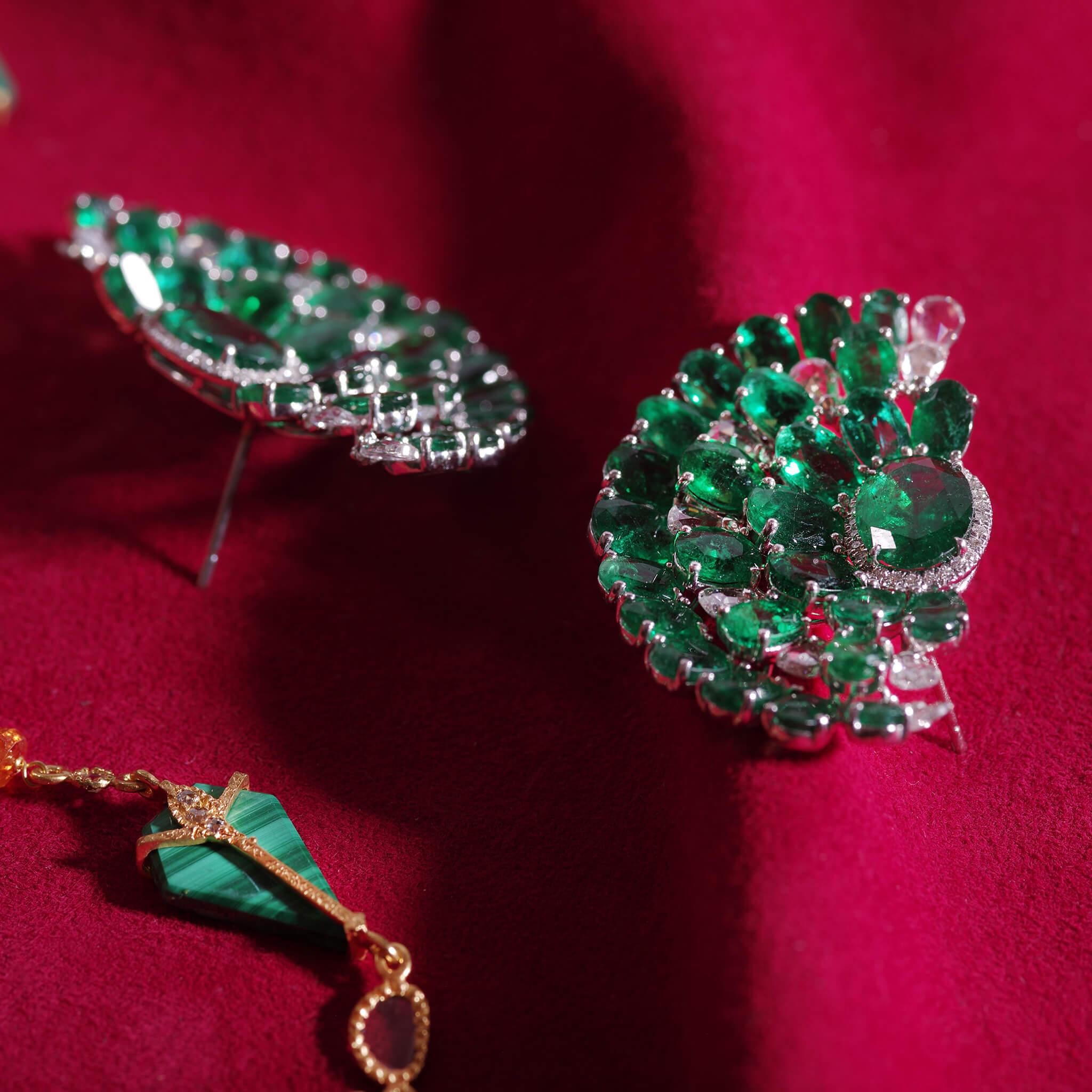 Cushion Cut 18 Karat White Gold Emerald and Diamond Fan Earrings