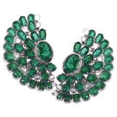 18 Karat White Gold Emerald and Diamond Fan Earrings