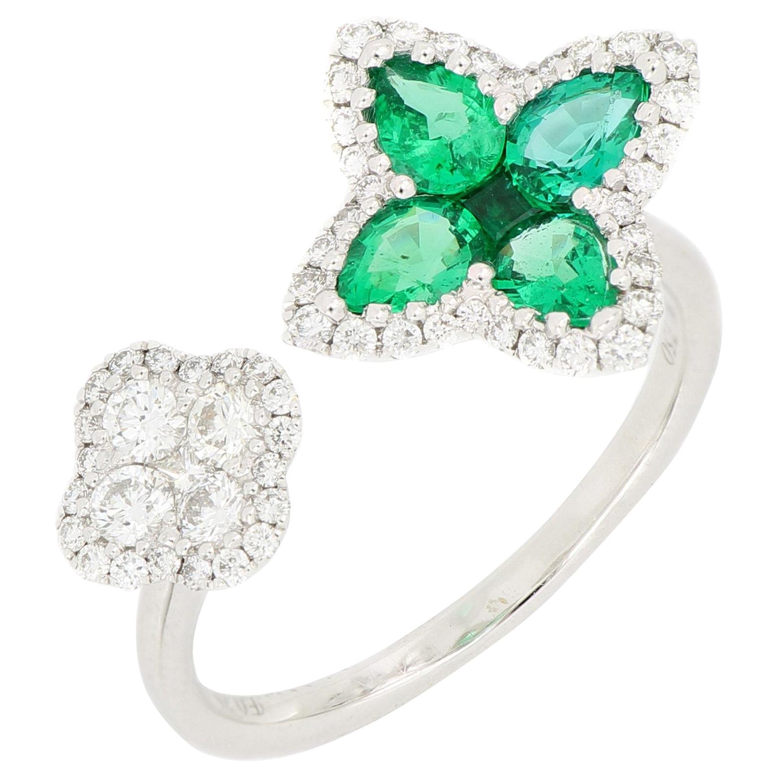 18 Karat White Gold Emerald and Diamond Flower Ring For Sale