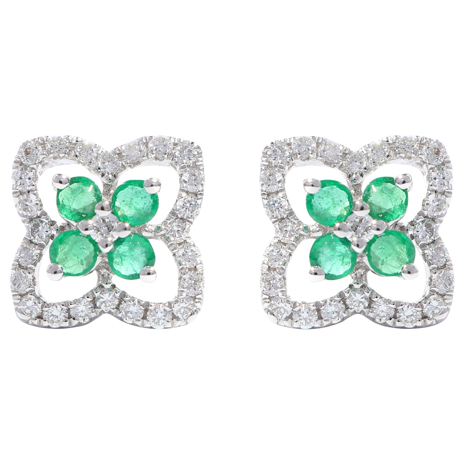 18 Karat White Gold Emerald and Diamond Four-Leaf Clover Earring