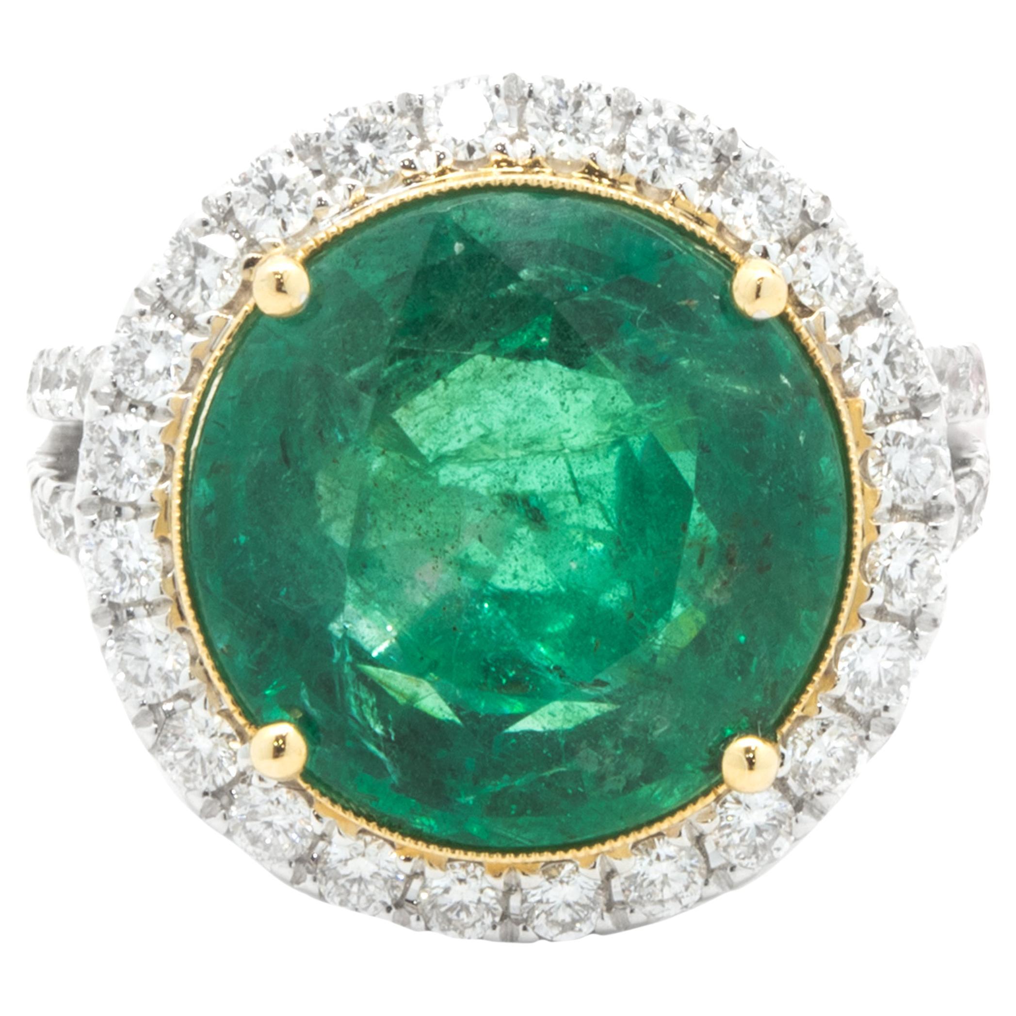 18 Karat Two Tone Emerald and Diamond Halo Ring For Sale
