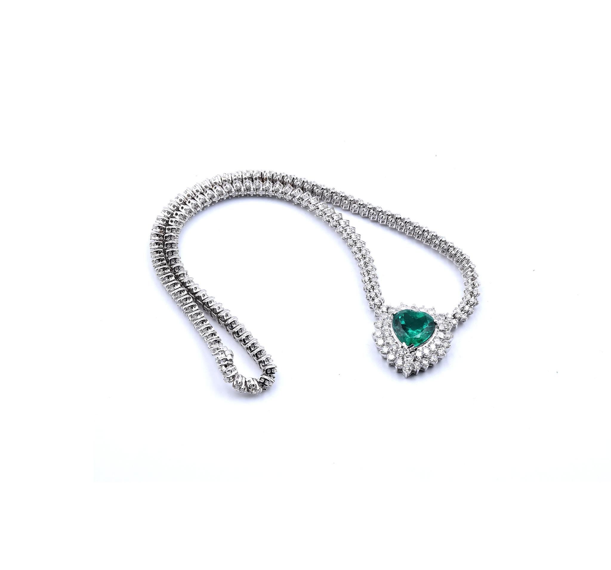 Heart Cut 18 Karat White Gold Emerald and Diamond Heart Necklace