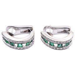 18 Karat White Gold Emerald and Diamond Huggie Earrings