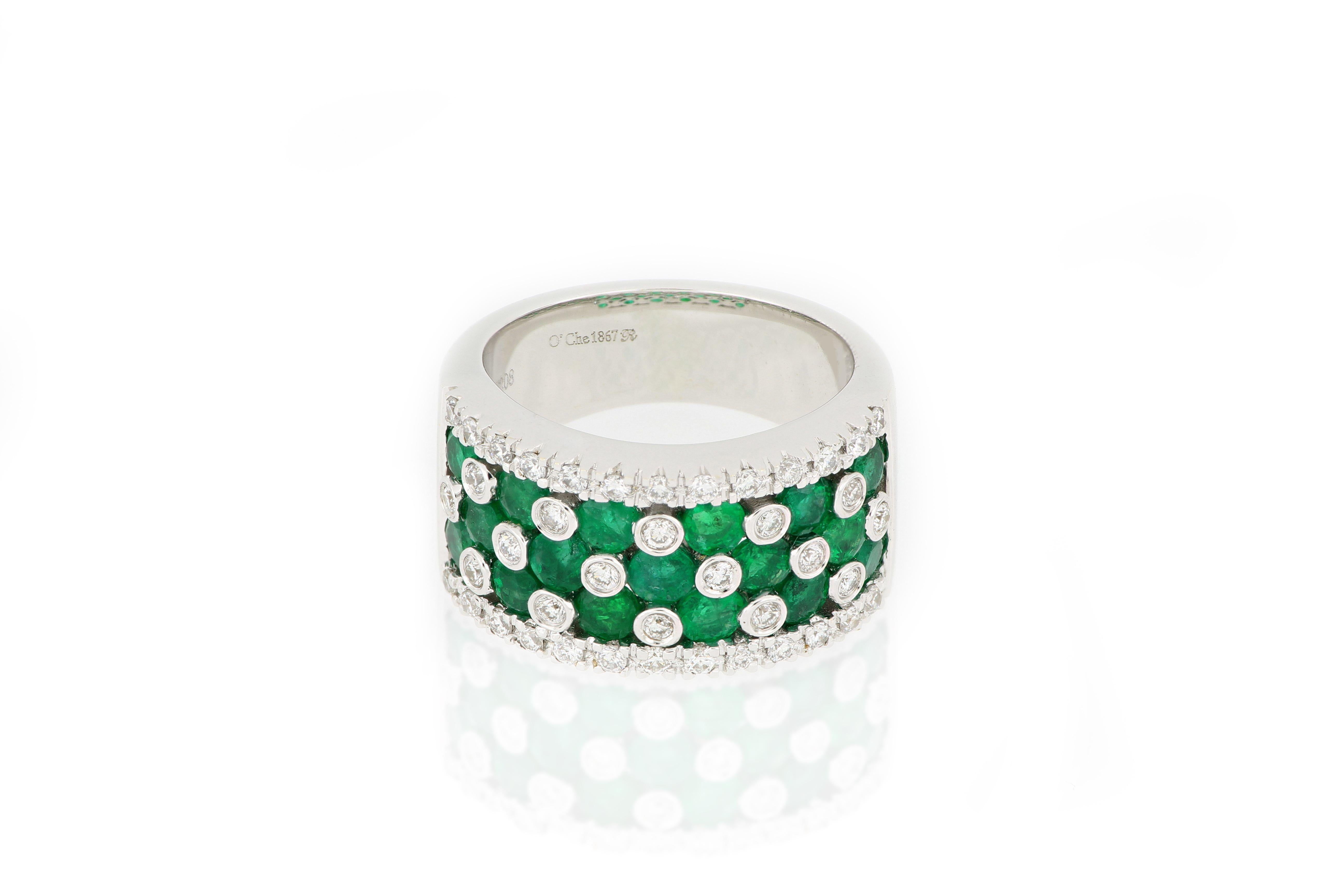 An elegant and timeless ring, set with natural brilliant-cut emerald with stunning green colour totaling 2.08cts, decorated with brilliant-cut diamonds weighing 0.54cts, mounted in 18 karat white gold.
O’Che 1867 is renowned for its high jewellery