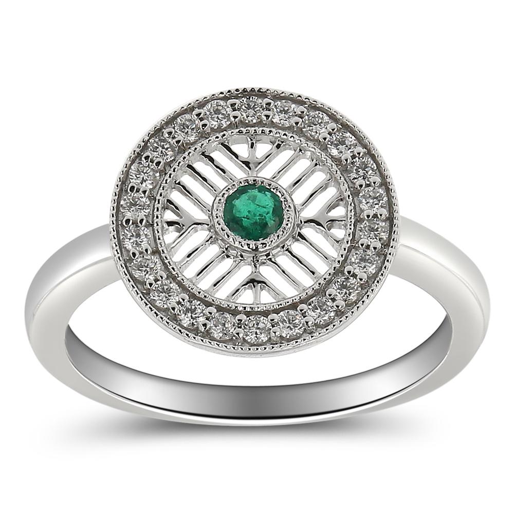 18 Karat White gold, Emerald, and Diamond Circle Ring.

Diamonds of approximately 0.21 carats, emeralds of approximately 0.12 carats  mounted on 18 karat white gold ring. The ring weighs approximately 3.93 grams.

Please note: The charges specified