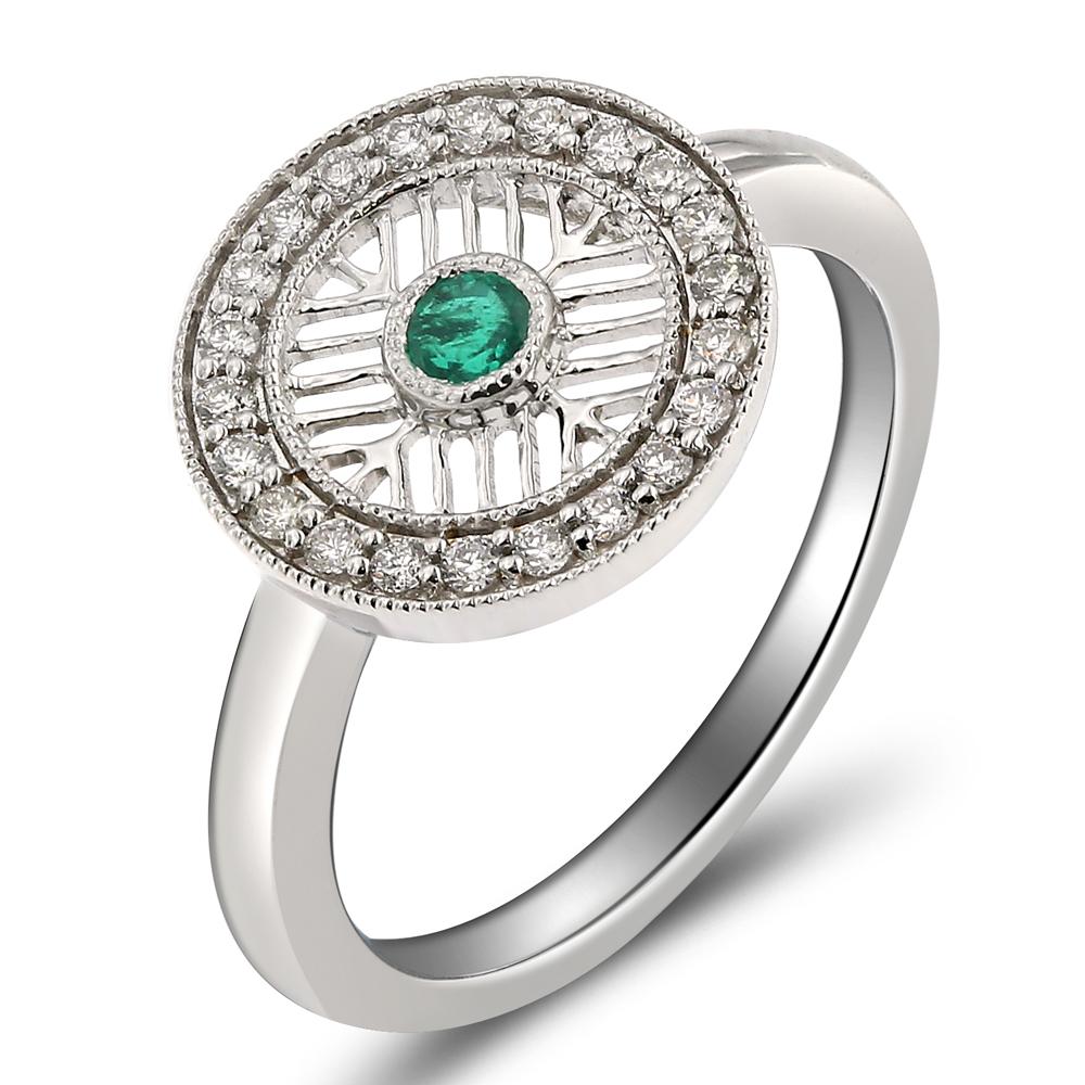 Round Cut 18 Karat White Gold, Emerald and Diamond Ring For Sale