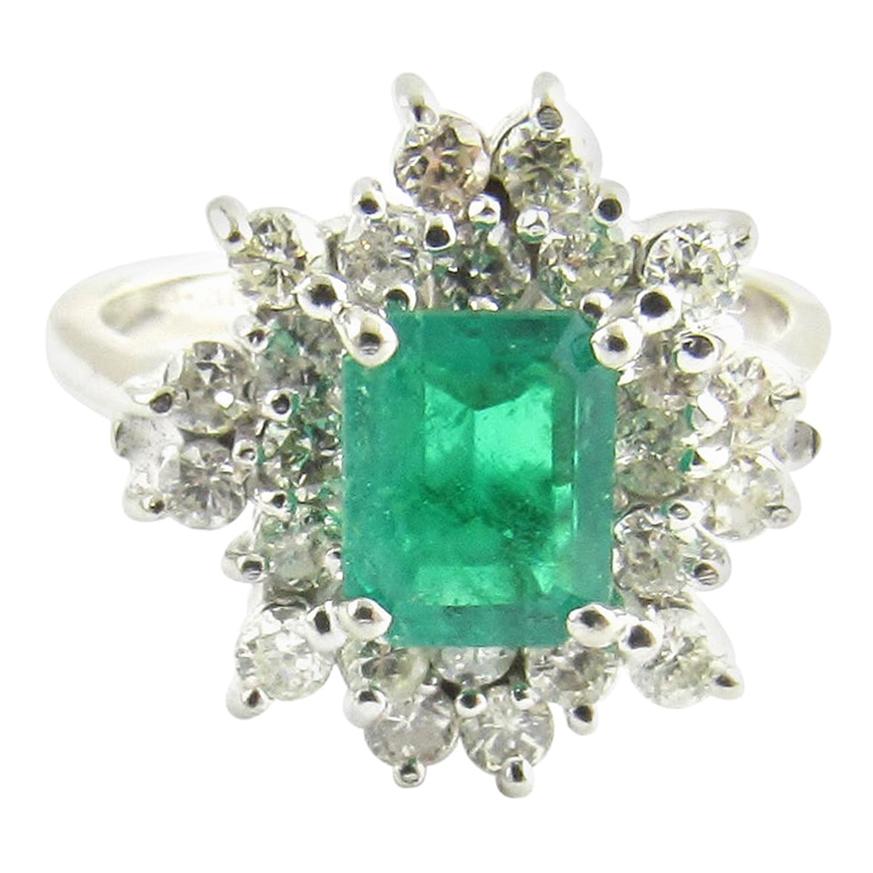 18 Karat White Gold Emerald and Diamond Ring For Sale