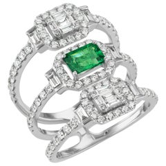 18 Karat White Gold Emerald and Diamond Split Shank Ring