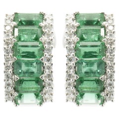 18 Karat White Gold Emerald and Diamond Three Row Hoop Earrings