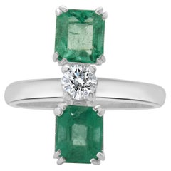 18 Karat White Gold Emerald and Diamond Three Stone Stack Ring