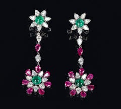 18 Karat White Gold Emerald and New Burmese Ruby Daisy Earrings