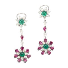 18 Karat White Gold Emerald and New Burmese Ruby Daisy Earrings