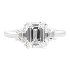 18 Karat White Gold Emerald and Trapezoid Three-Stone Diamond Ring 1.96 Carat
