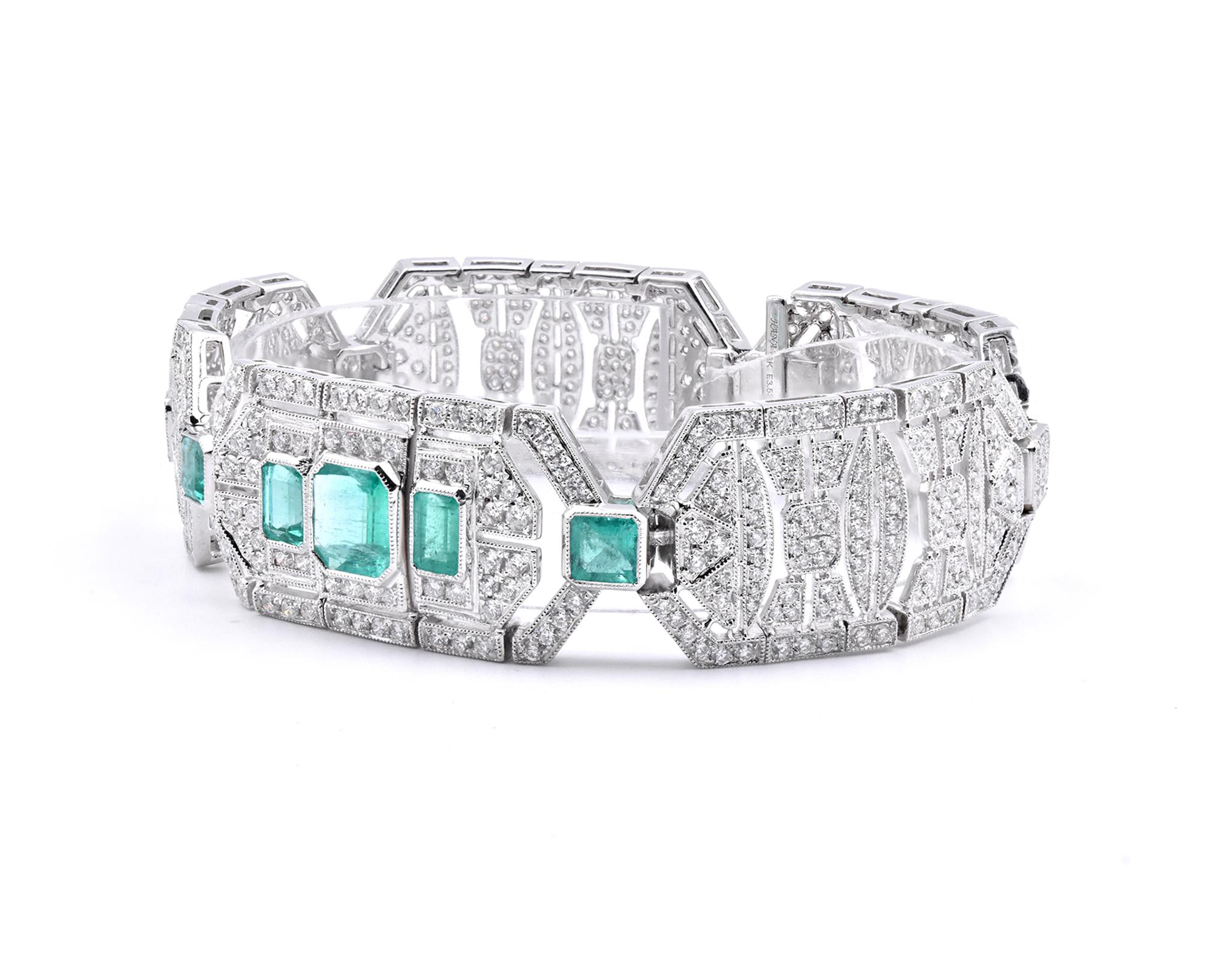 Mixed Cut 18 Karat White Gold Emerald and White Art Deco Style Bracelet