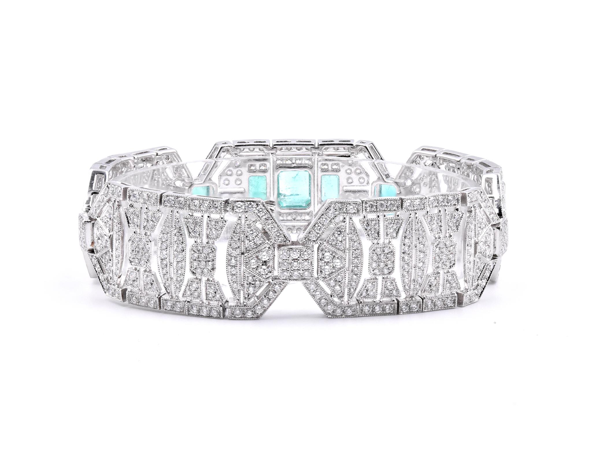 18 Karat White Gold Emerald and White Art Deco Style Bracelet In Excellent Condition In Scottsdale, AZ