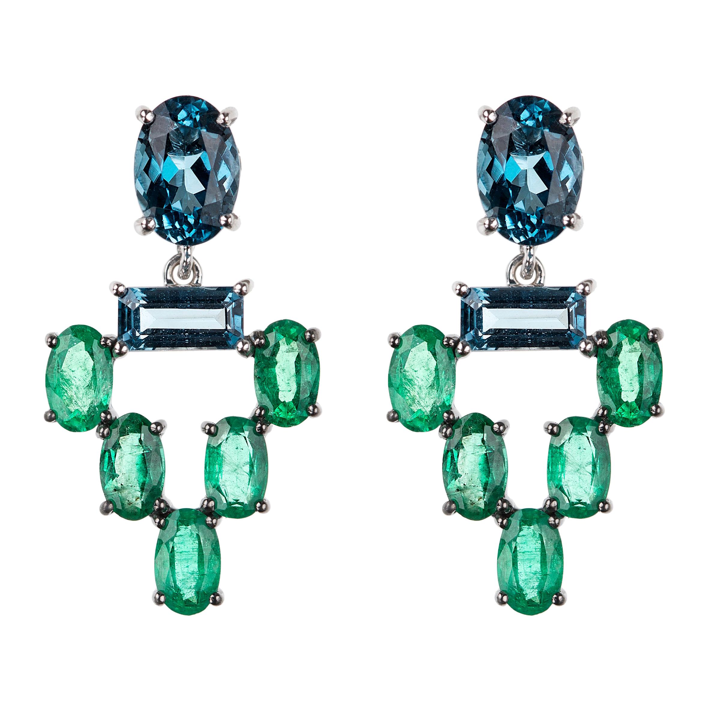 18 Karat White Gold Emerald Blue Topaz Earrings For Sale