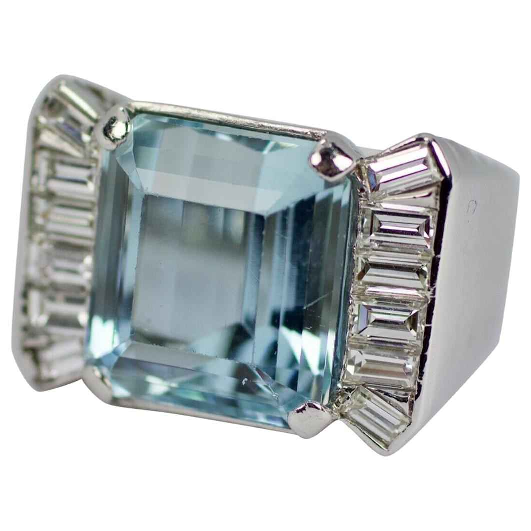 18 Karat White Gold Emerald Cut Aquamarine and Emerald Cut Diamonds Ring