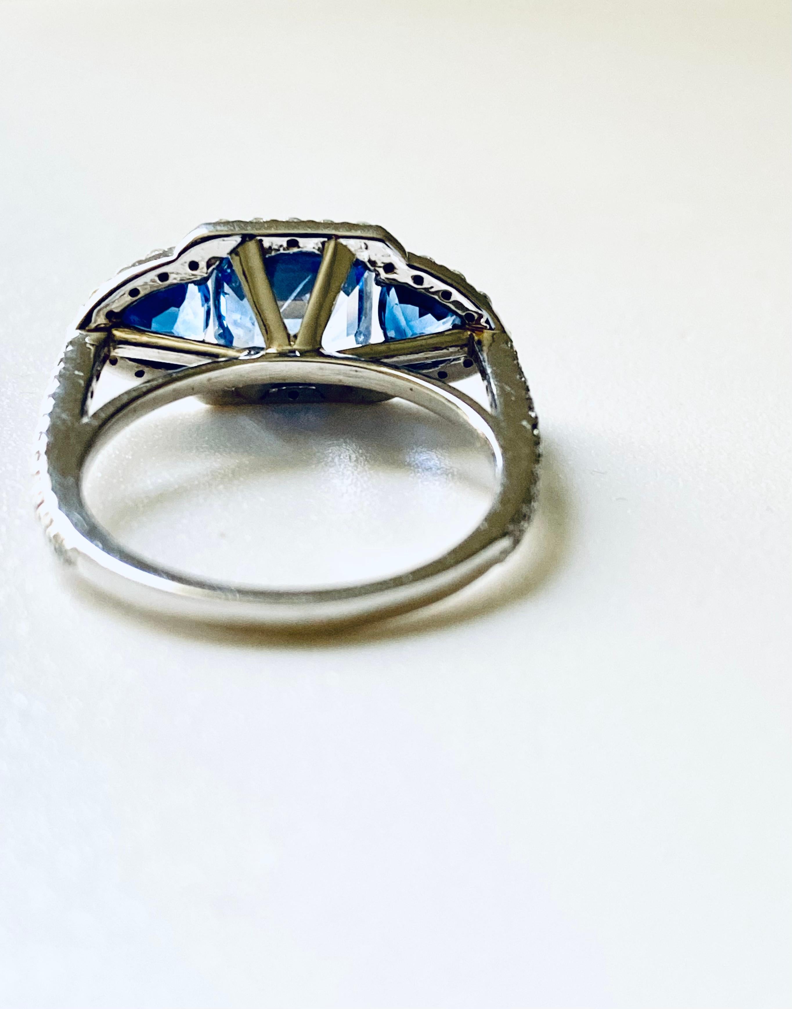 18 Karat White Gold Emerald Cut Ceylon Sapphire Diamond Trillion Sapphires Ring  1