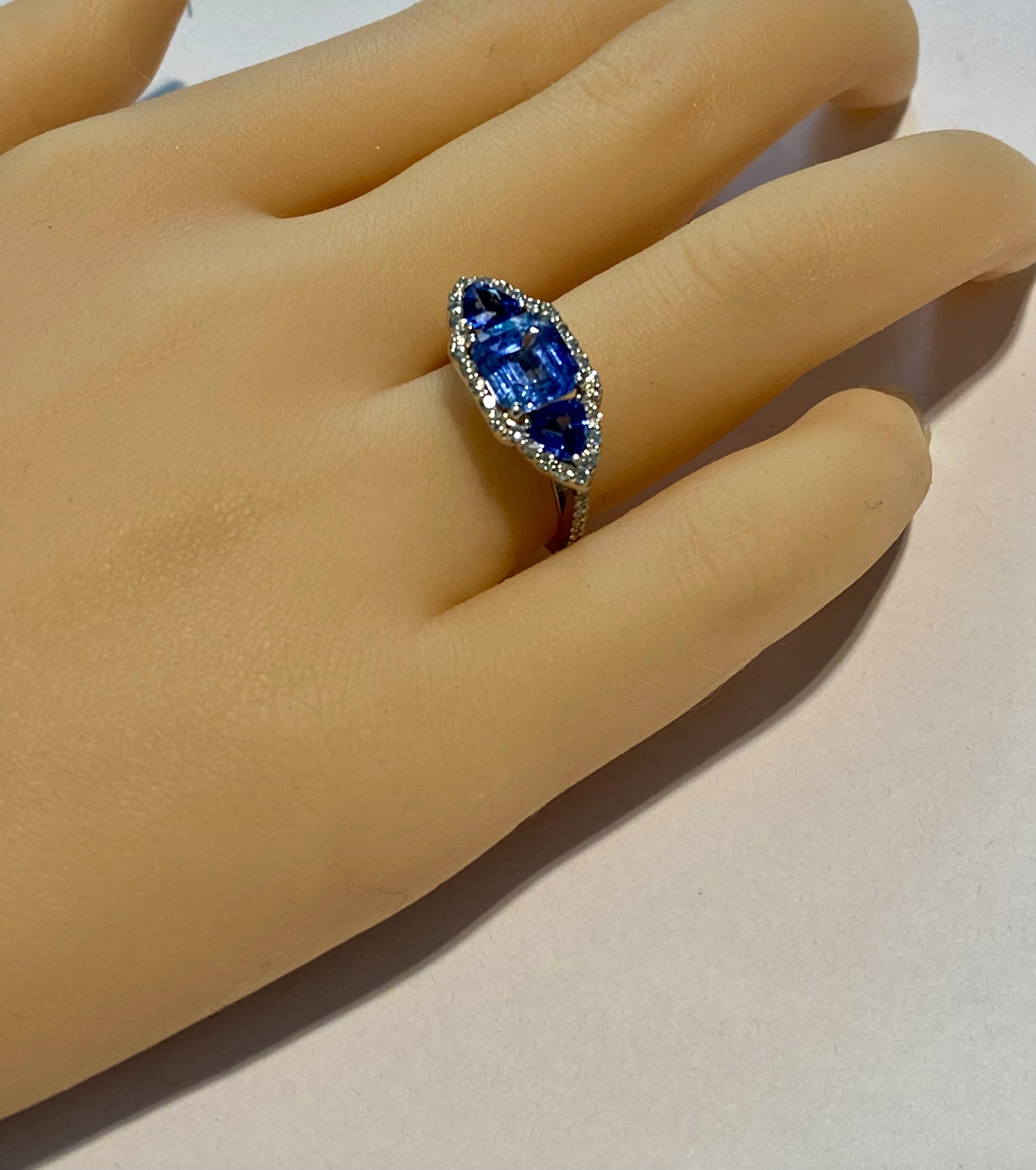18 Karat White Gold Emerald Cut Ceylon Sapphire Diamond Trillion Sapphires Ring  3