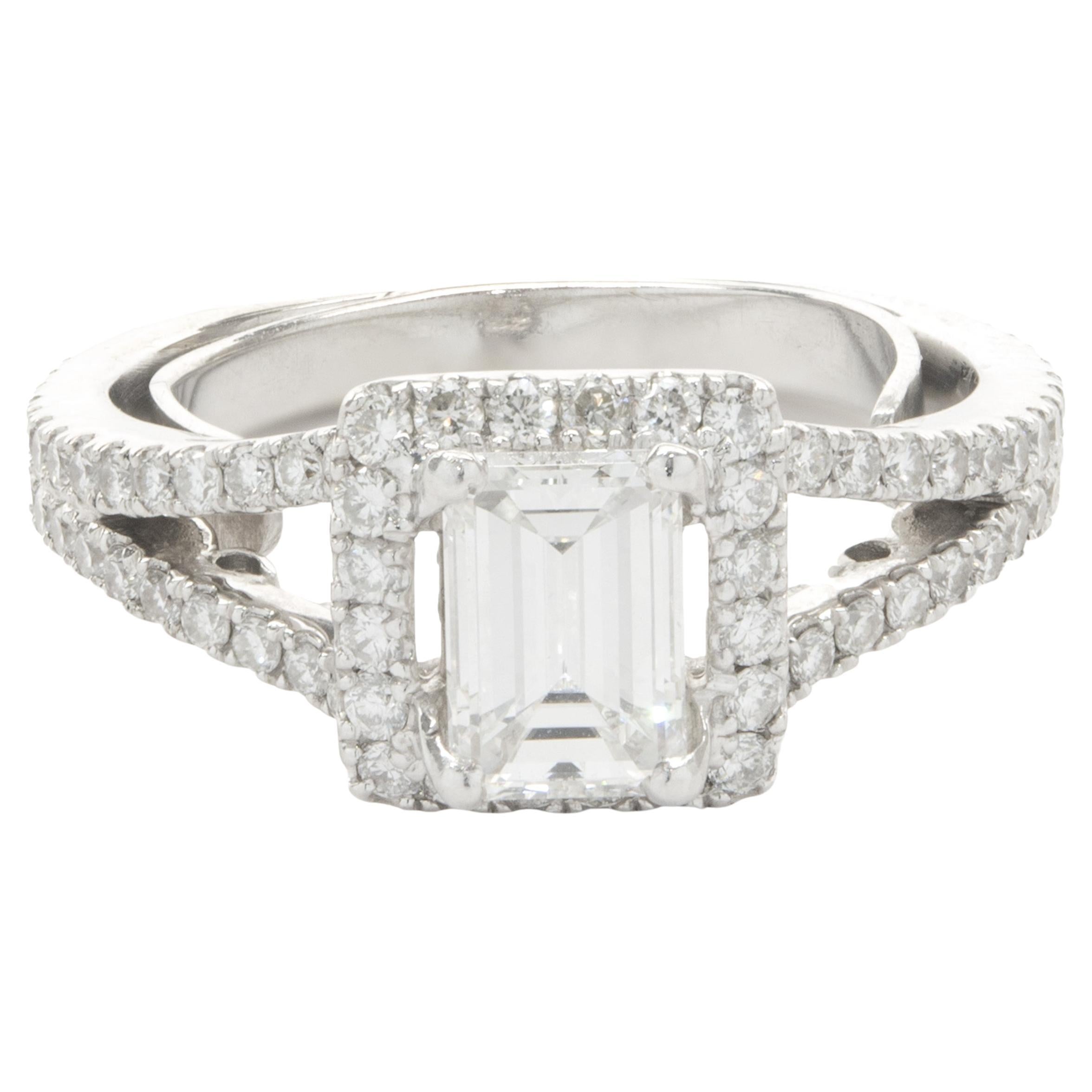 18 Karat White Gold Emerald Cut Diamond Engagement Ring For Sale