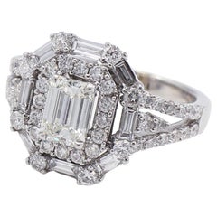 18 Karat White Gold Emerald Cut Diamond Halo Cluster Ring