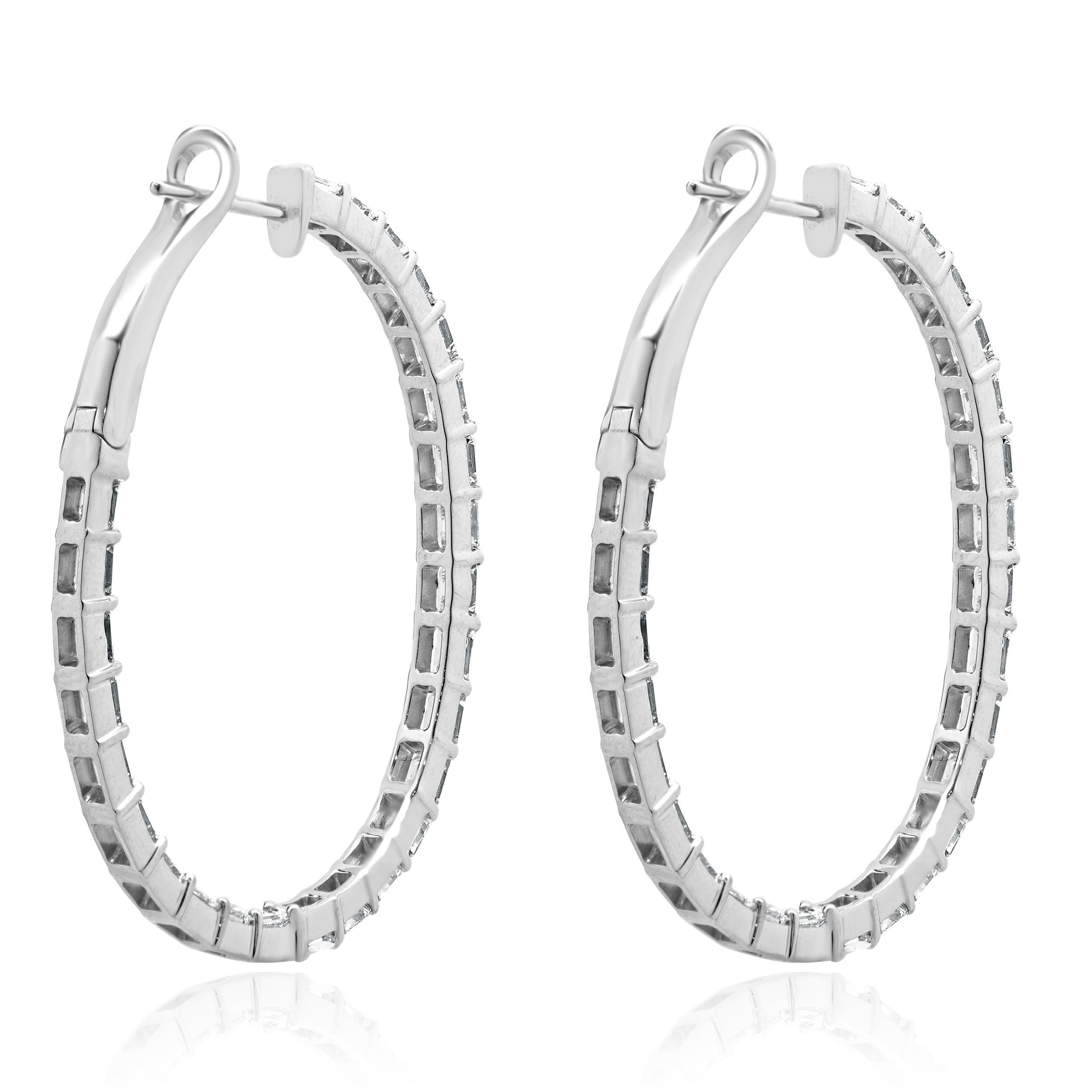 18 Karat White Gold Emerald Cut Diamond Hoop Earrings In Excellent Condition For Sale In Scottsdale, AZ