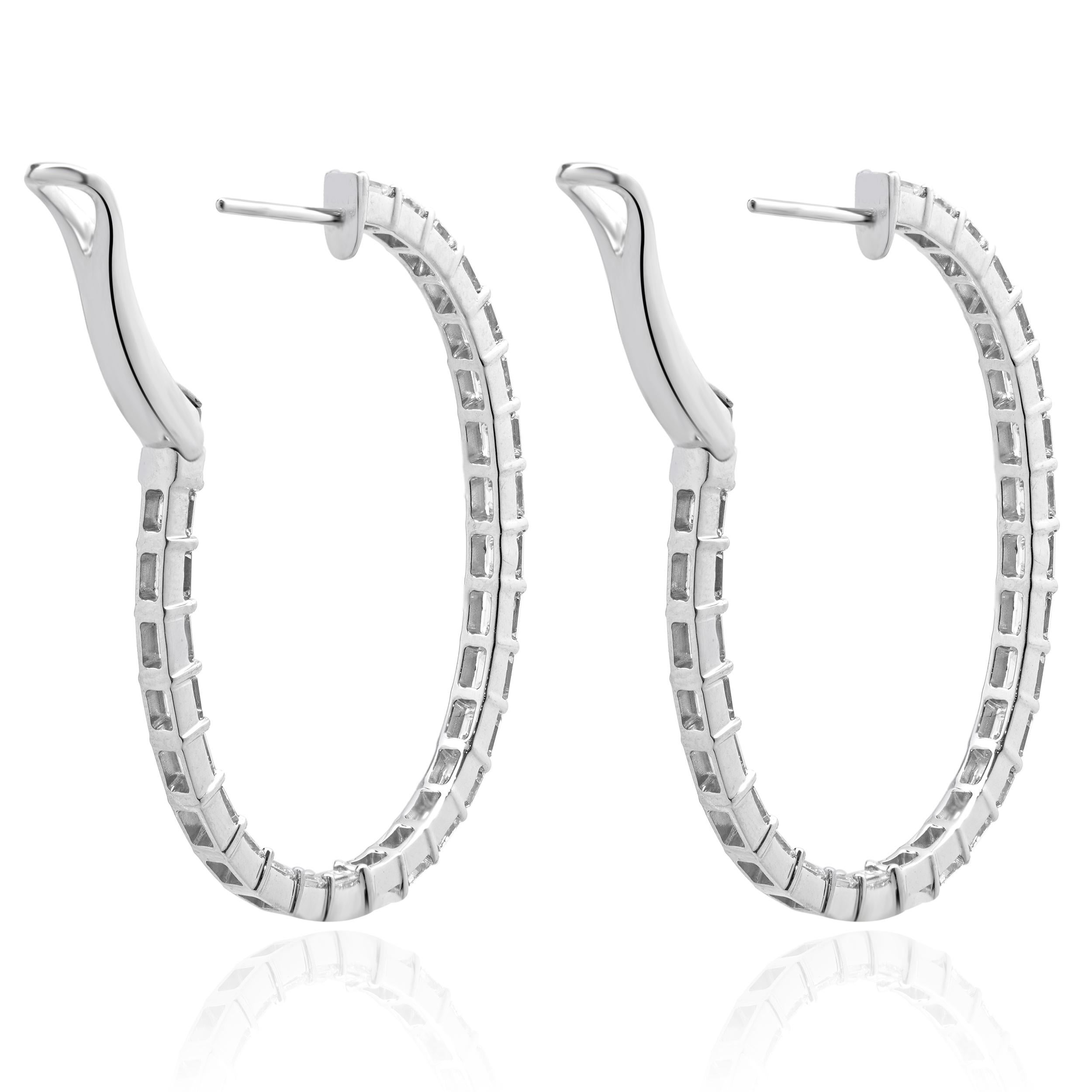 Women's 18 Karat White Gold Emerald Cut Diamond Hoop Earrings For Sale