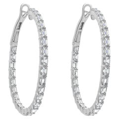18 Karat White Gold Emerald Cut Diamond Hoop Earrings