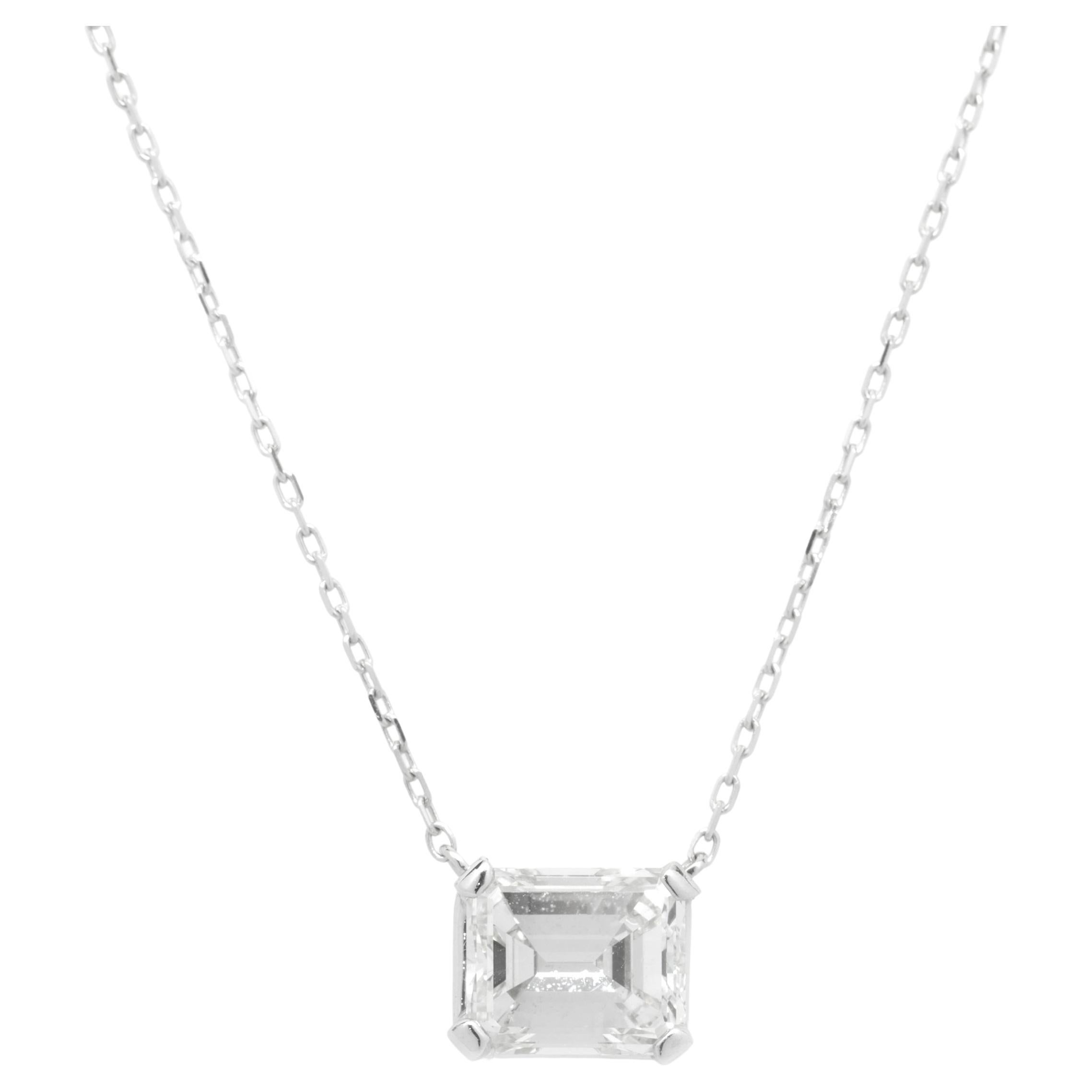 18 Karat White Gold Emerald Cut Diamond Solitaire Necklace