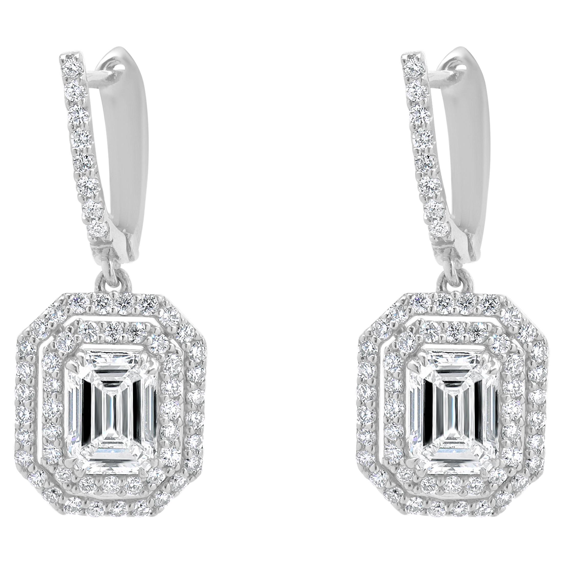 18 Karat White Gold Emerald Cut Double Diamond Halo Drop Earrings For Sale