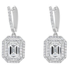 18 Karat White Gold Emerald Cut Double Diamond Halo Drop Earrings