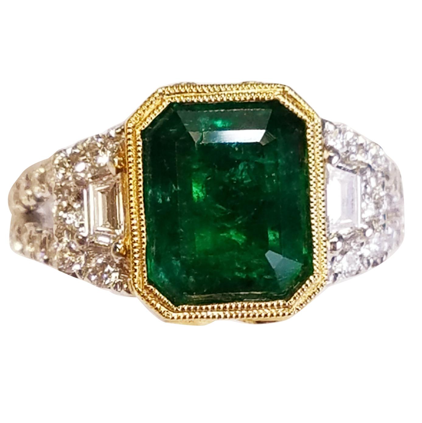 18 Karat White Gold Emerald Cut Natural Emerald and Diamond Ring