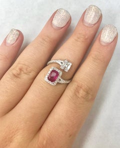 18 Karat White Gold Emerald Cut Natural Heated Ruby and Genuine Diamond Ring