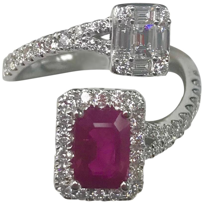18 Karat White Gold Emerald Cut Natural Heated Ruby and Genuine Diamond Ring For Sale
