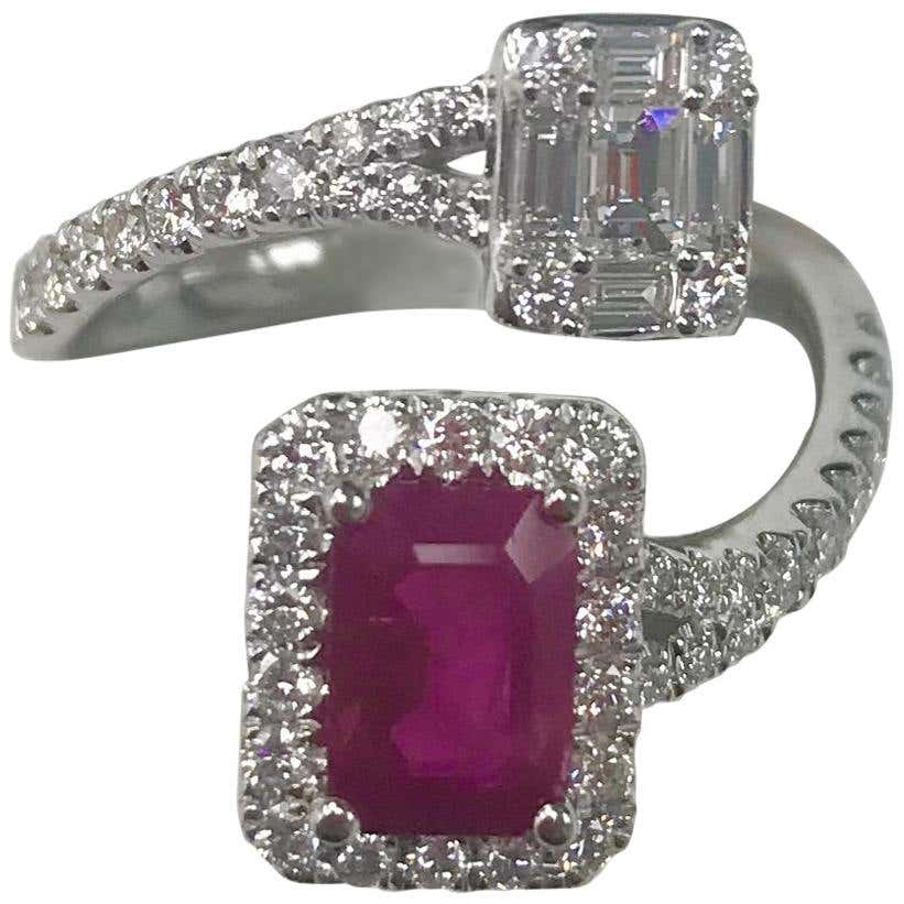 Victorian Emerald Cut Ruby and Diamond Ring For Sale at 1stDibs