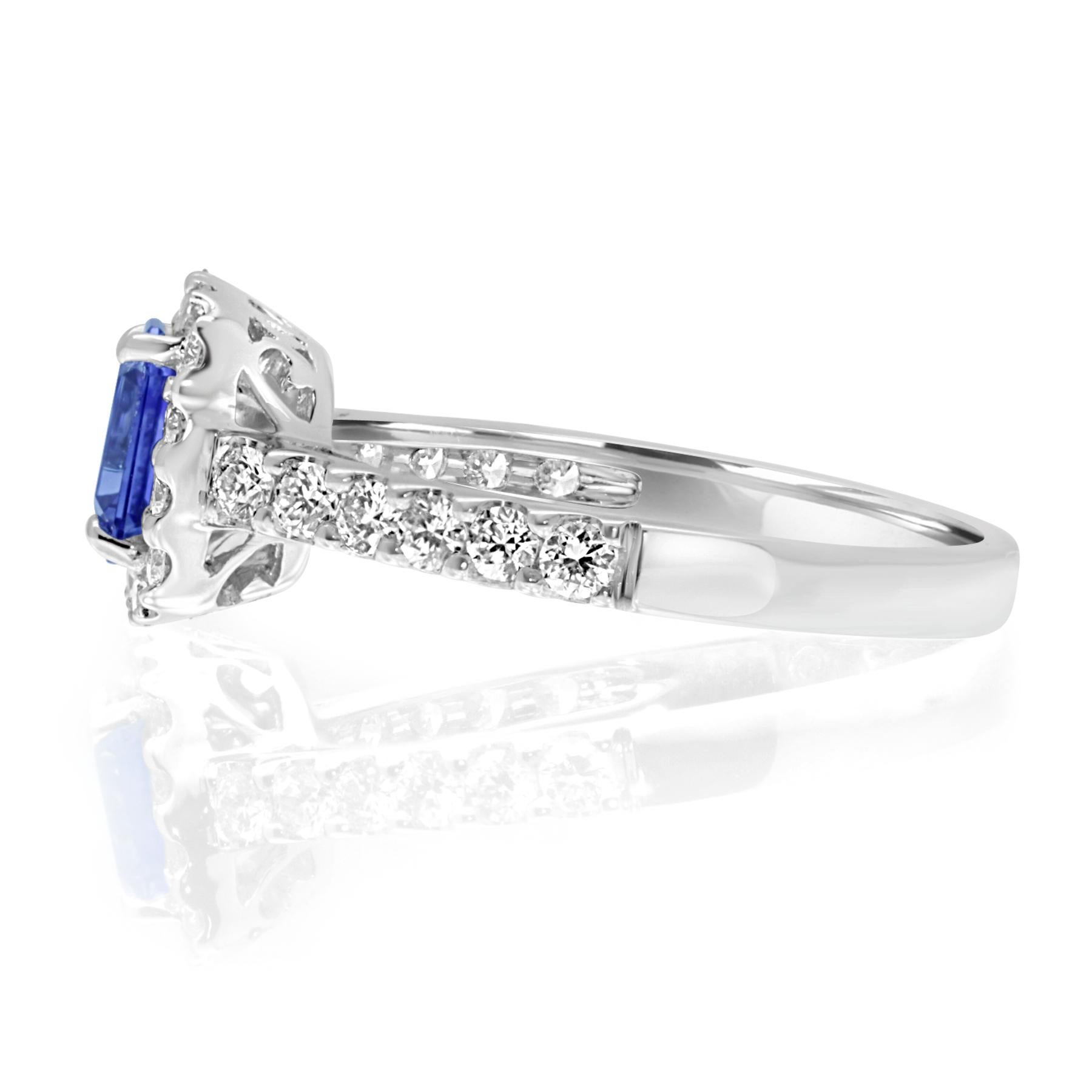 Contemporary 18 Karat White Gold Emerald Cut Sapphire Halo Diamond Engagement Ring For Sale