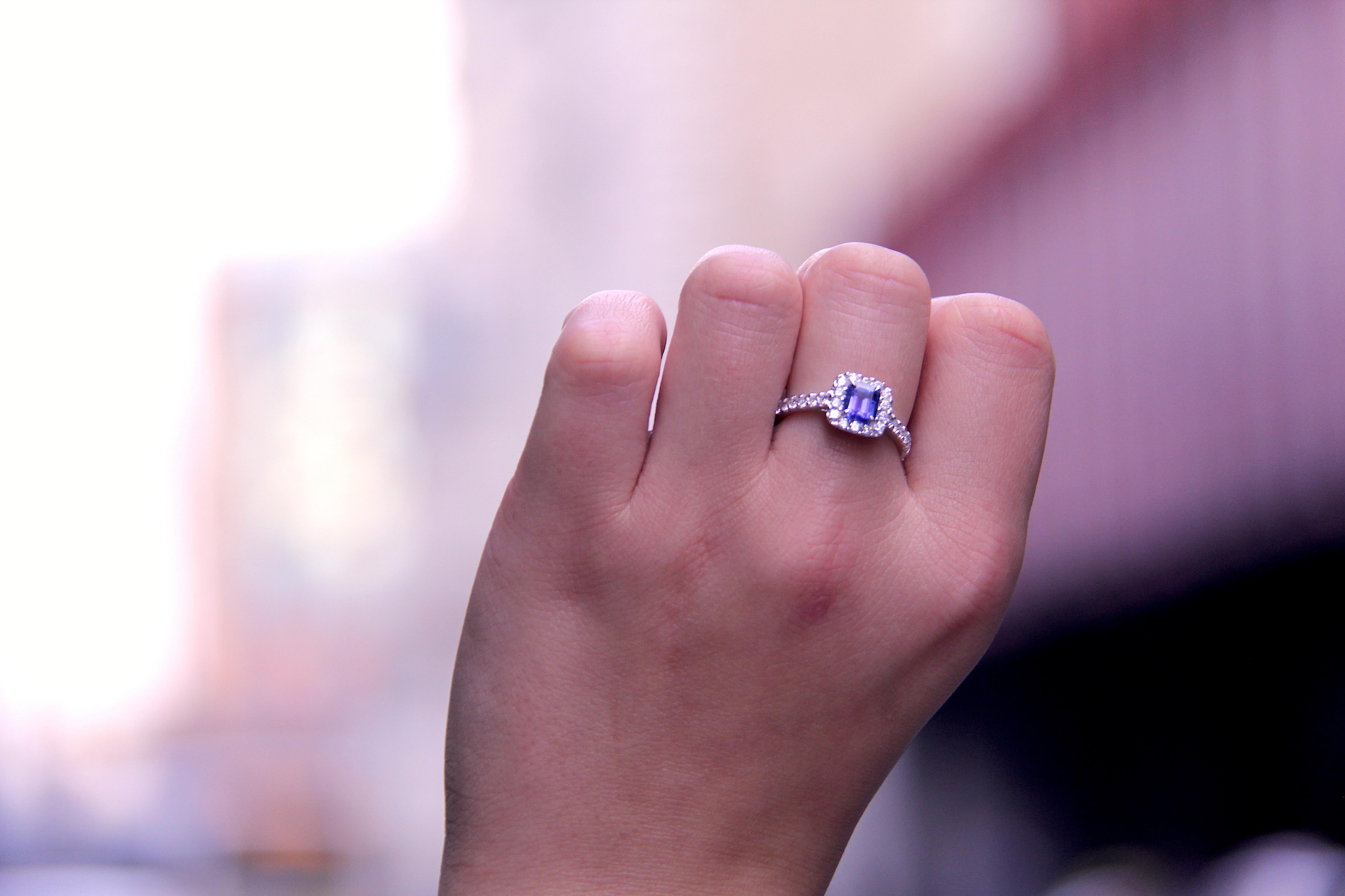 Women's 18 Karat White Gold Emerald Cut Sapphire Halo Diamond Engagement Ring For Sale