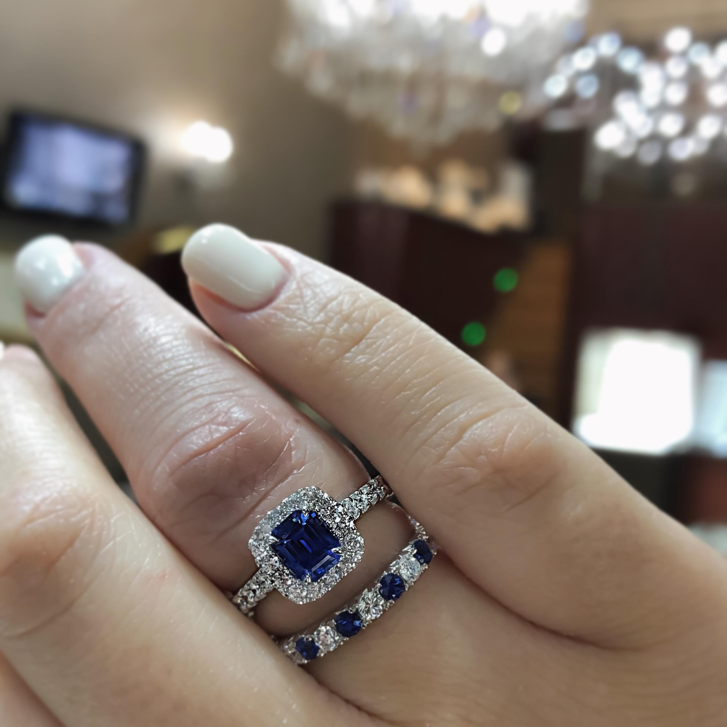 18 Karat White Gold Emerald Cut Sapphire Halo Diamond Engagement Ring For Sale 1