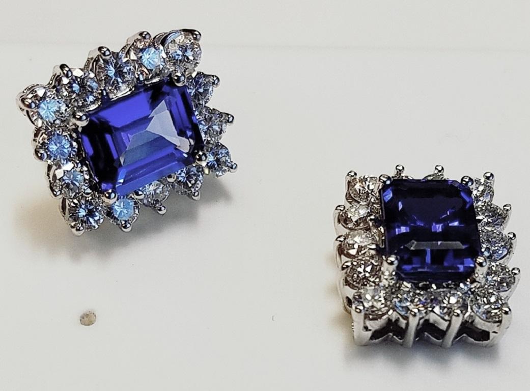 Contemporary 18 Karat White Gold Emerald Cut Tanzanite and Diamond Earrings