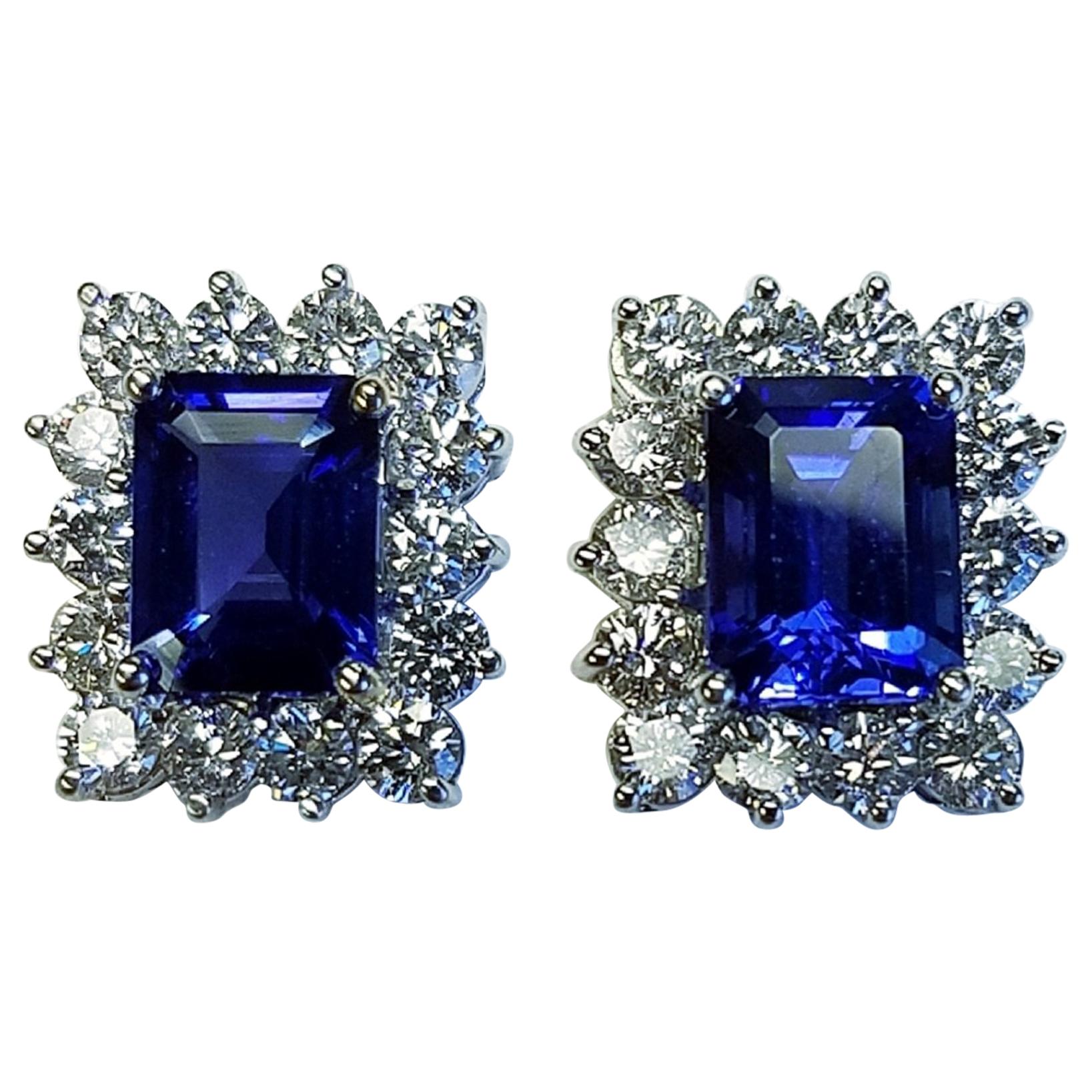 18 Karat White Gold Emerald Cut Tanzanite and Diamond Earrings