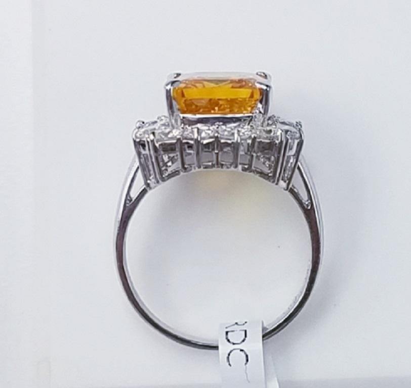 Contemporary 18 Karat White Gold Emerald Cut Yellow Sapphire and Diamond Ring
