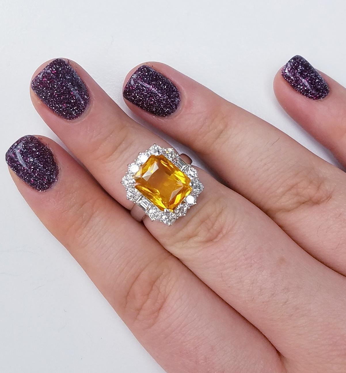 Women's or Men's 18 Karat White Gold Emerald Cut Yellow Sapphire and Diamond Ring