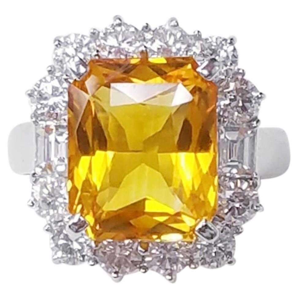 18 Karat White Gold Emerald Cut Yellow Sapphire and Diamond Ring