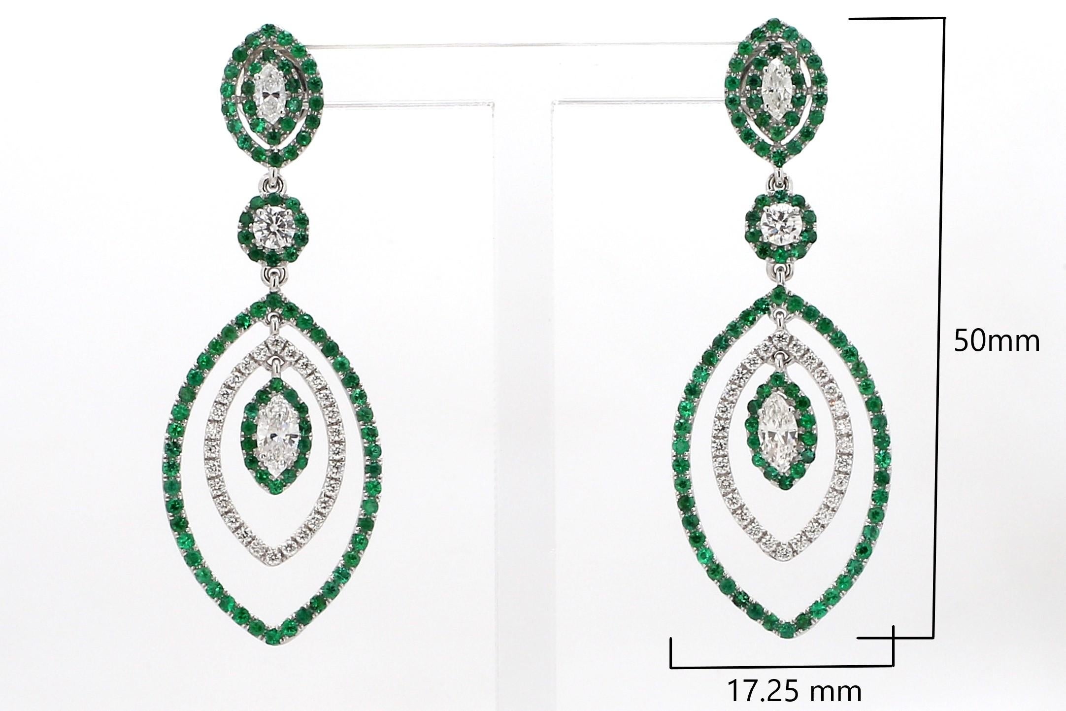 18 Karat White Gold Emerald Diamond Cocktail Earring In New Condition For Sale In Hollywood, FL