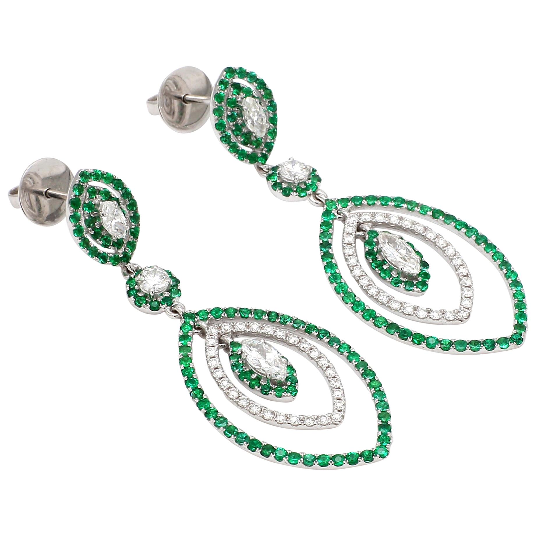 18 Karat White Gold Emerald Diamond Cocktail Earring For Sale