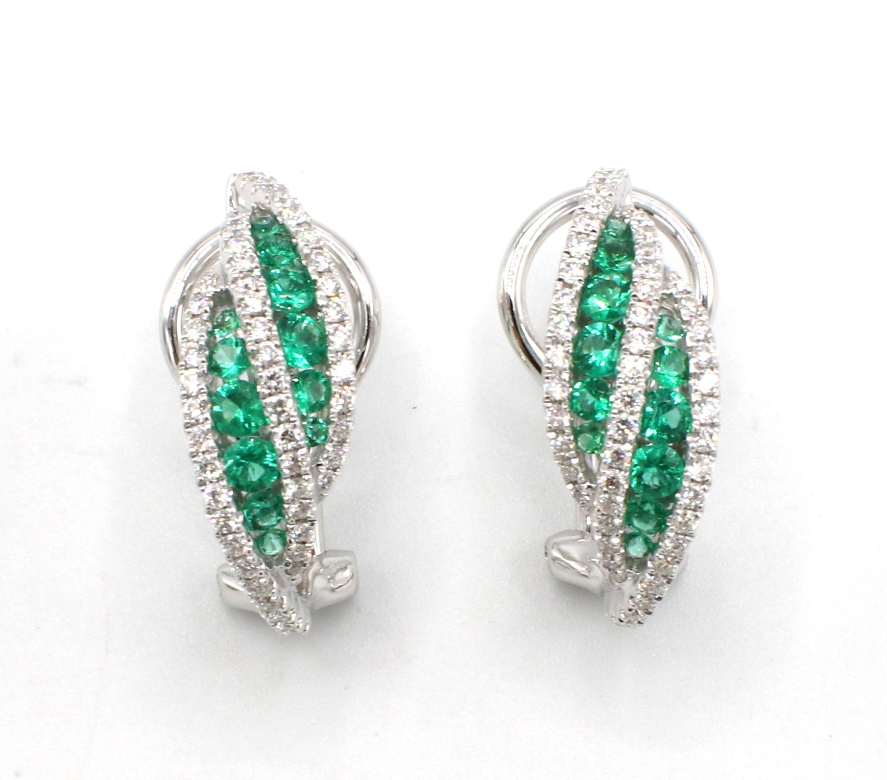 Women's 18 Karat White Gold Emerald & Natural Diamond Huggie Hoop Earrings
