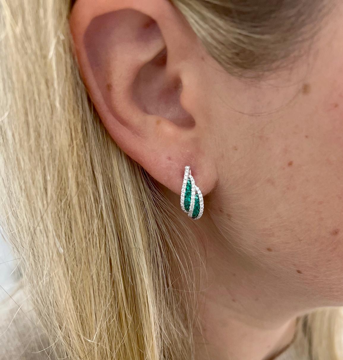 18 Karat White Gold Emerald & Natural Diamond Huggie Hoop Earrings 1