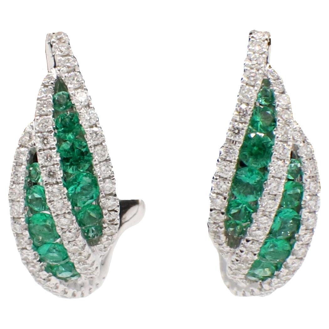 18 Karat White Gold Emerald & Natural Diamond Huggie Hoop Earrings