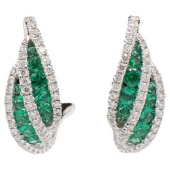 18 Karat White Gold Emerald & Natural Diamond Huggie Hoop Earrings