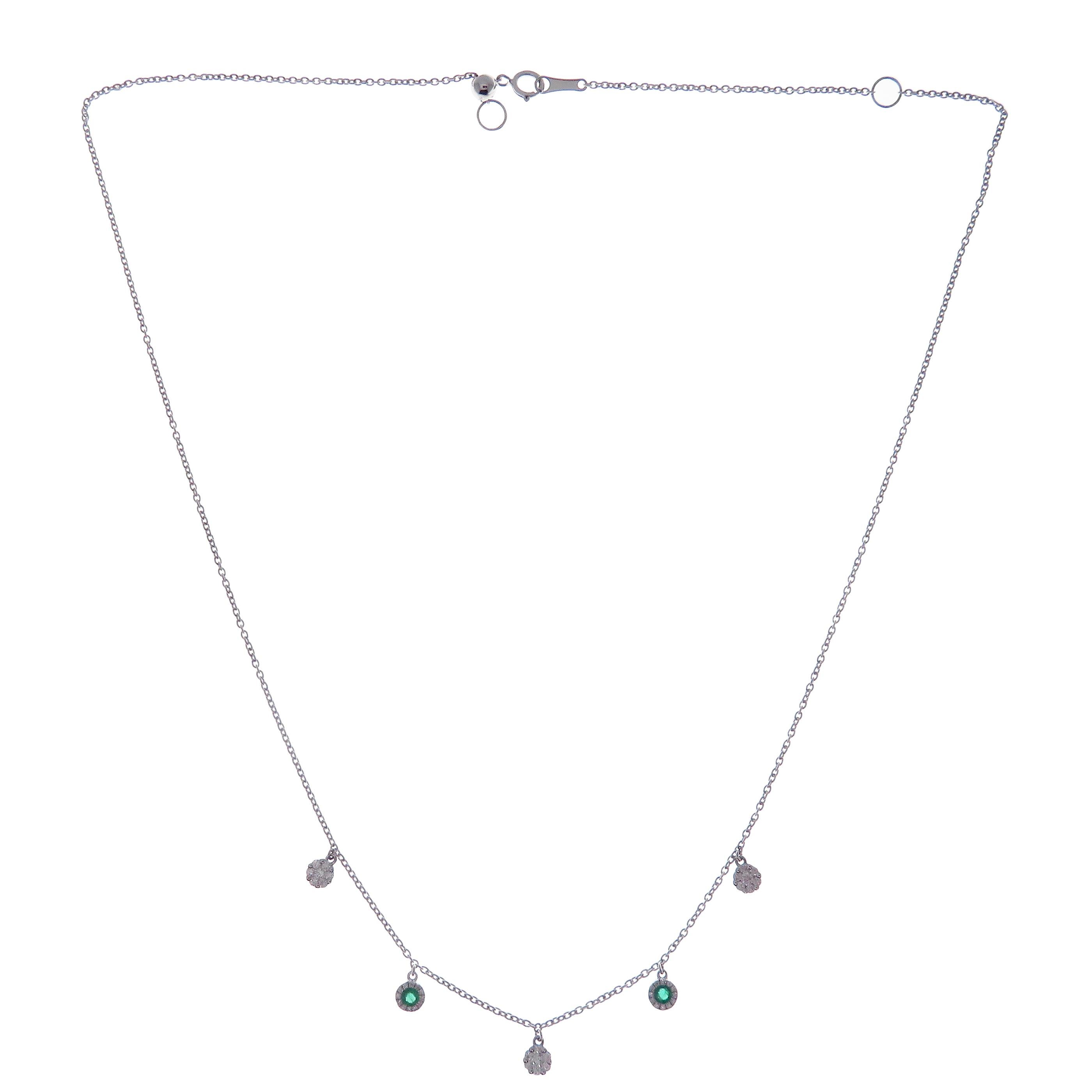 Round Cut 18 Karat White Gold Emerald Diamond Simple Strand Necklace